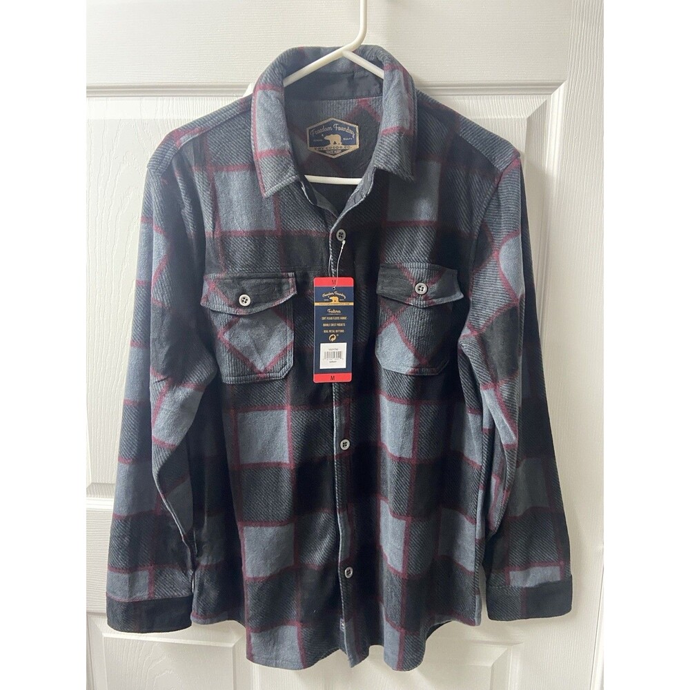 NWT Freedom Foundry Fleece Schacket Men Medium Gray Red Plaid Cabincore